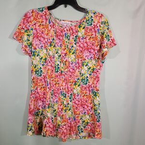 Colorful Floral Women's Short Sleeve Pleated Front Lightweight Blouse Multicolor